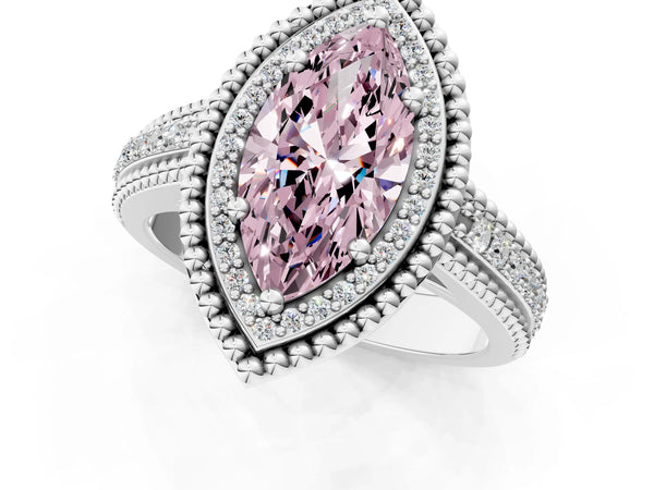 White Gold Marquise Beaded Halo Engagement Ring Setting for Fancy Pink Center with Pave