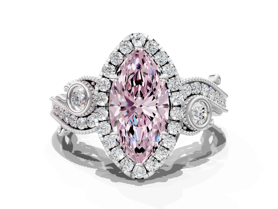 White gold Fancy Pink Marquise Cut Halo Diamond Ring with Milgrain and Bezel Accents on a Split Shank Band_12