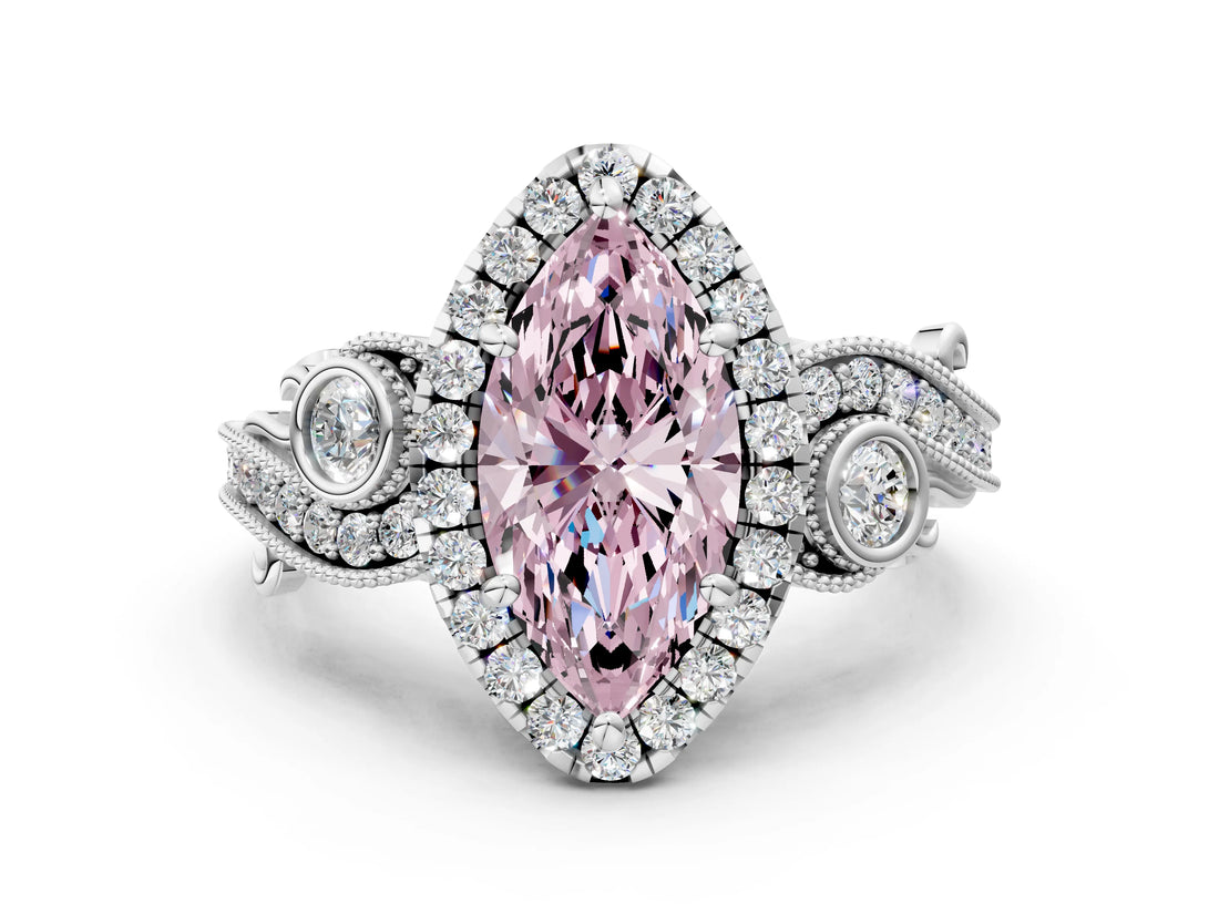 White gold Fancy Pink Marquise Cut Halo Diamond Ring with Milgrain and Bezel Accents on a Split Shank Band_12