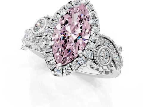 White gold Fancy Pink Marquise Cut Halo Diamond Ring with Milgrain and Bezel Accents on a Split Shank Band_1