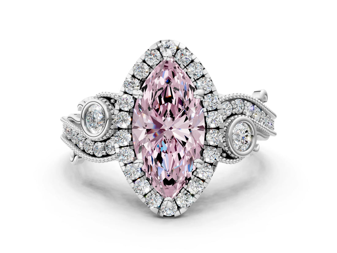 White gold Fancy Pink Marquise Cut Halo Diamond Ring with Milgrain and Bezel Accents on a Split Shank Band_24