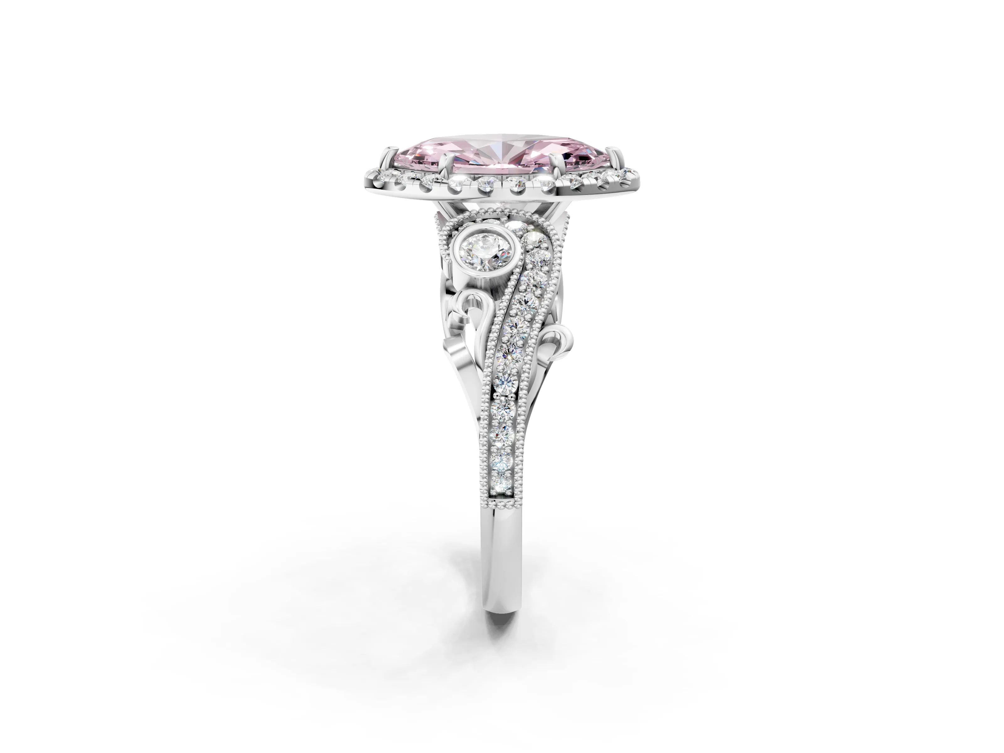 White gold Fancy Pink Marquise Cut Halo Diamond Ring with Milgrain and Bezel Accents on a Split Shank Band_2