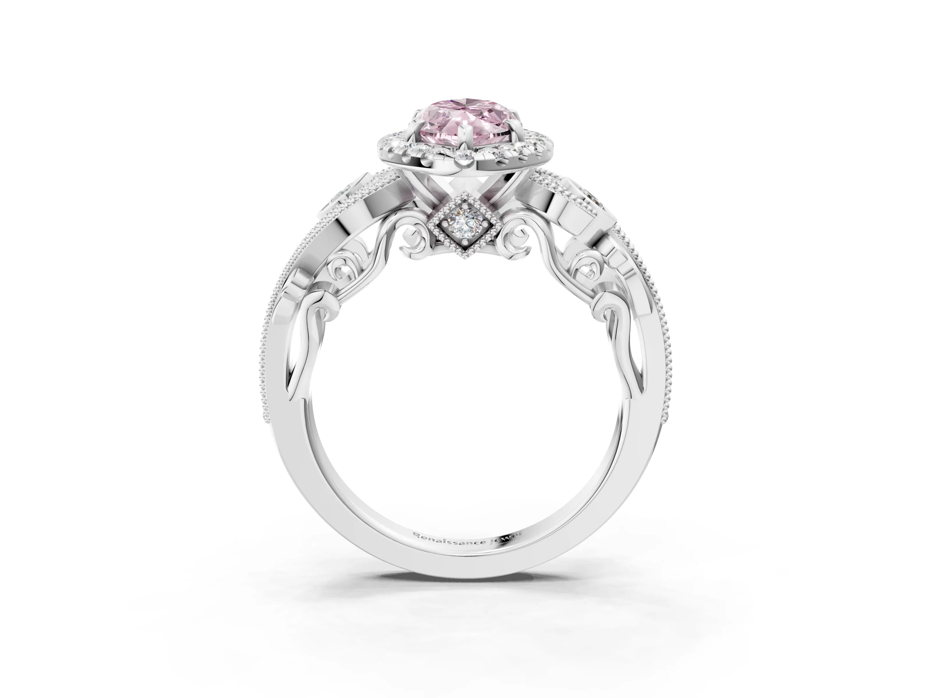 White gold Fancy Pink Marquise Cut Halo Diamond Ring with Milgrain and Bezel Accents on a Split Shank Band_3