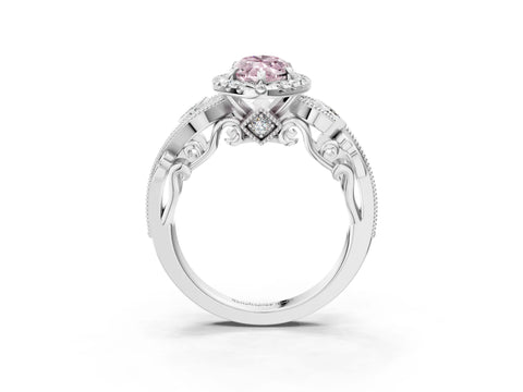 White gold Fancy Pink Marquise Cut Halo Diamond Ring with Milgrain and Bezel Accents on a Split Shank Band_3