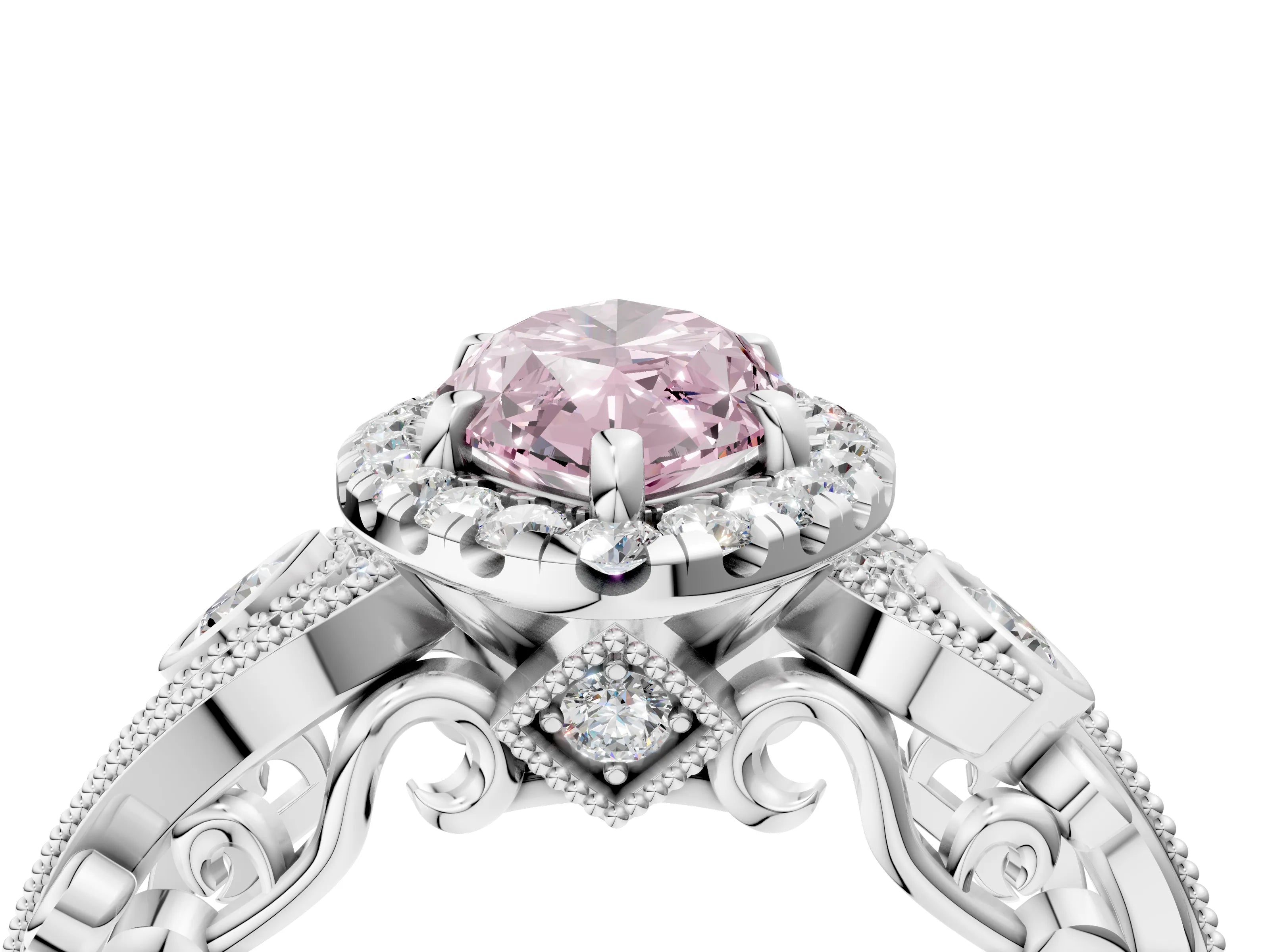 White gold Fancy Pink Marquise Cut Halo Diamond Ring with Milgrain and Bezel Accents on a Split Shank Band_4