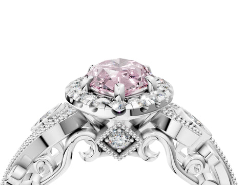 White gold Fancy Pink Marquise Cut Halo Diamond Ring with Milgrain and Bezel Accents on a Split Shank Band_4
