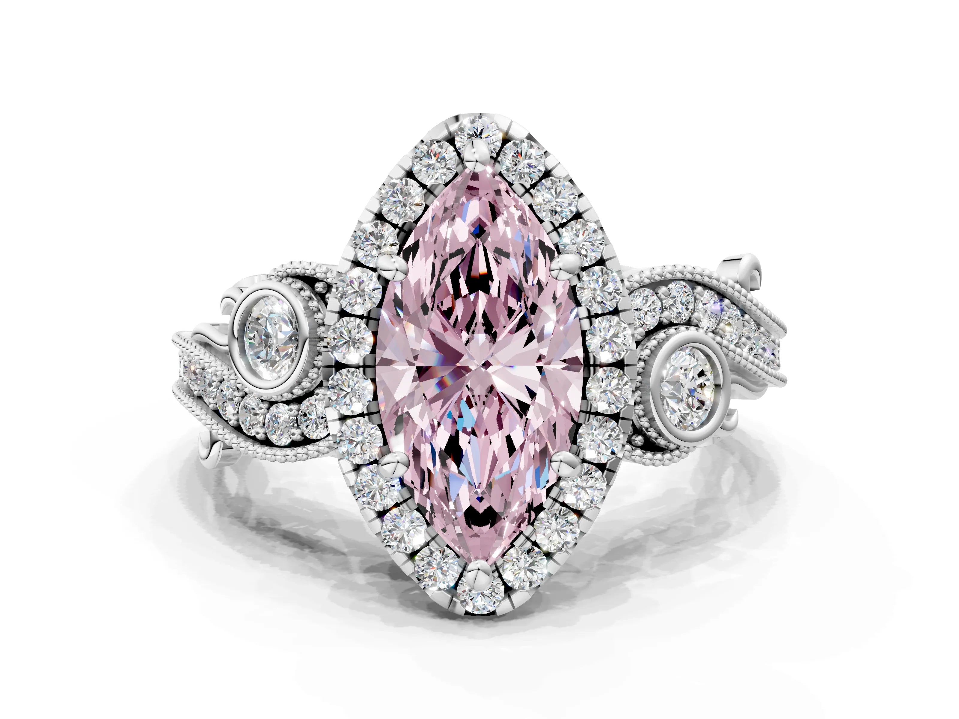 White gold Fancy Pink Marquise Cut Halo Diamond Ring with Milgrain and Bezel Accents on a Split Shank Band