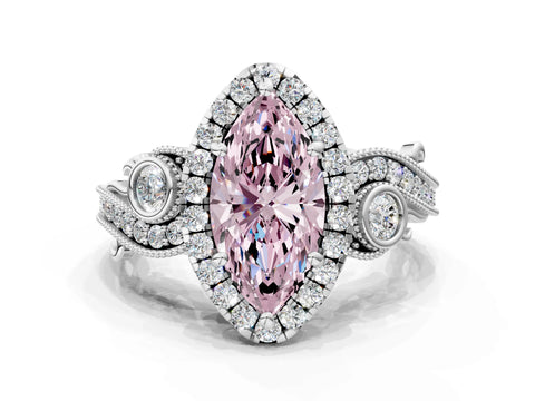 White gold Fancy Pink Marquise Cut Halo Diamond Ring with Milgrain and Bezel Accents on a Split Shank Band