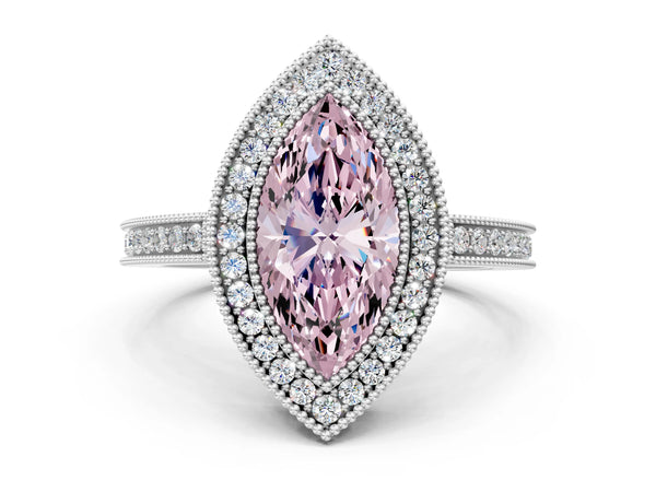 White gold Fancy Pink Marquise  Cut Halo Diamond Ring with Pavé Band and Milgrain Prong Setting