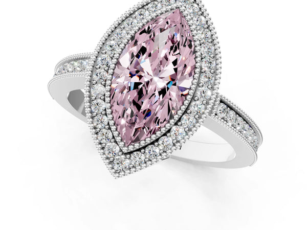 White gold Fancy Pink Marquise  Cut Halo Diamond Ring with Pavé Band and Milgrain Prong Setting