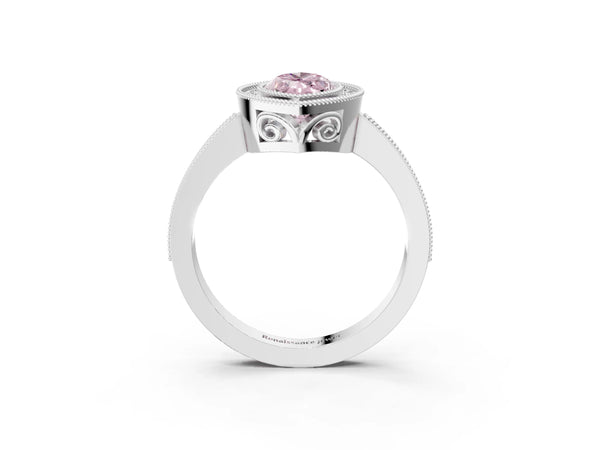 White gold Fancy Pink Marquise  Cut Halo Diamond Ring with Pavé Band and Milgrain Prong Setting