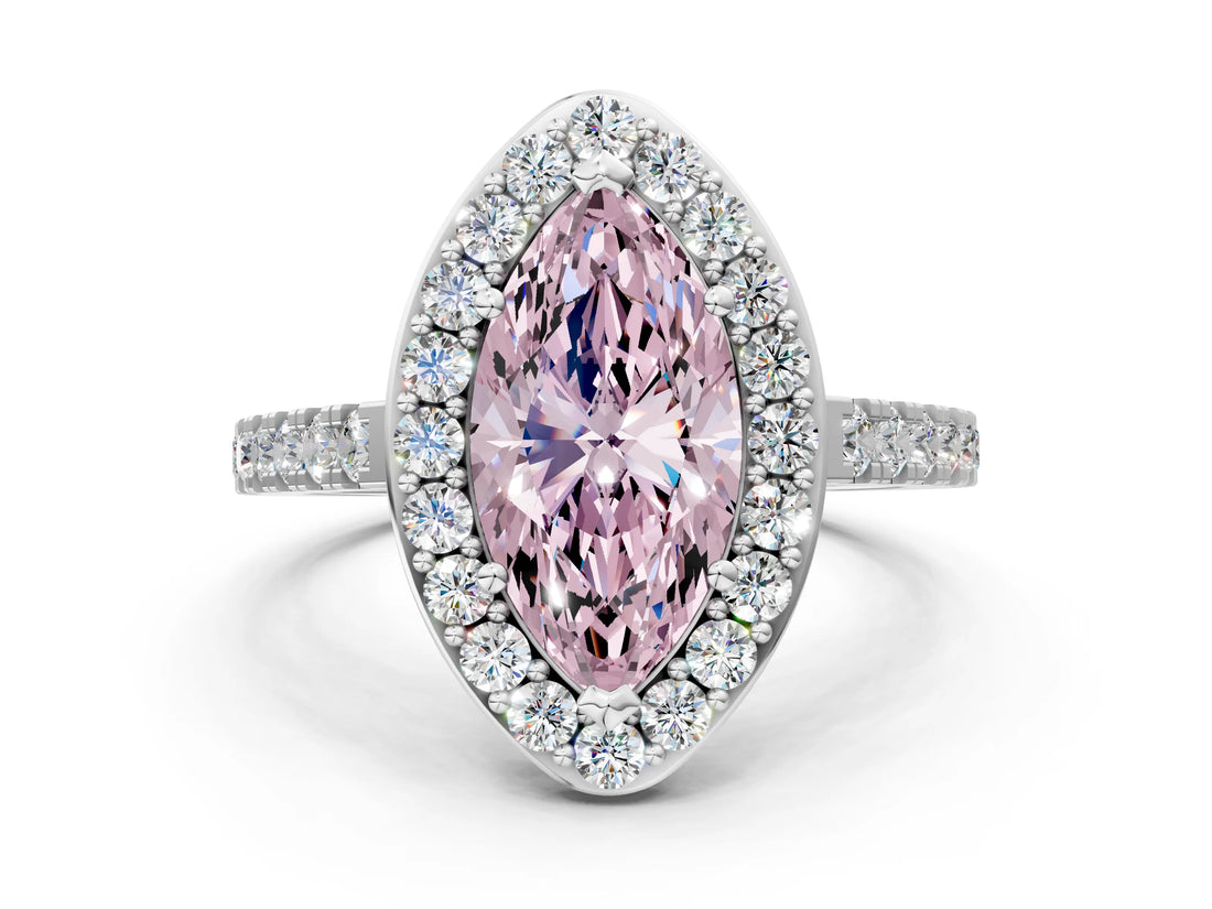 White gold Fancy Pink Marquise Cut Halo Diamond Ring with Pavé Band and Three-Prong Setting_12