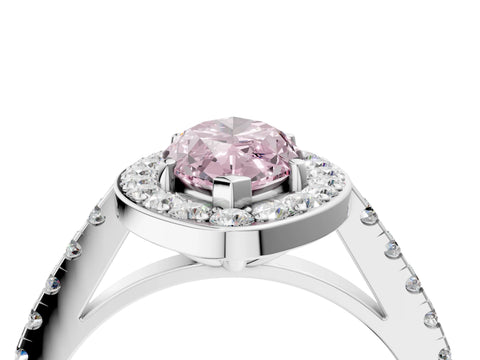 White gold Fancy Pink Marquise Cut Halo Diamond Ring with Pavé Band and Three-Prong Setting_4