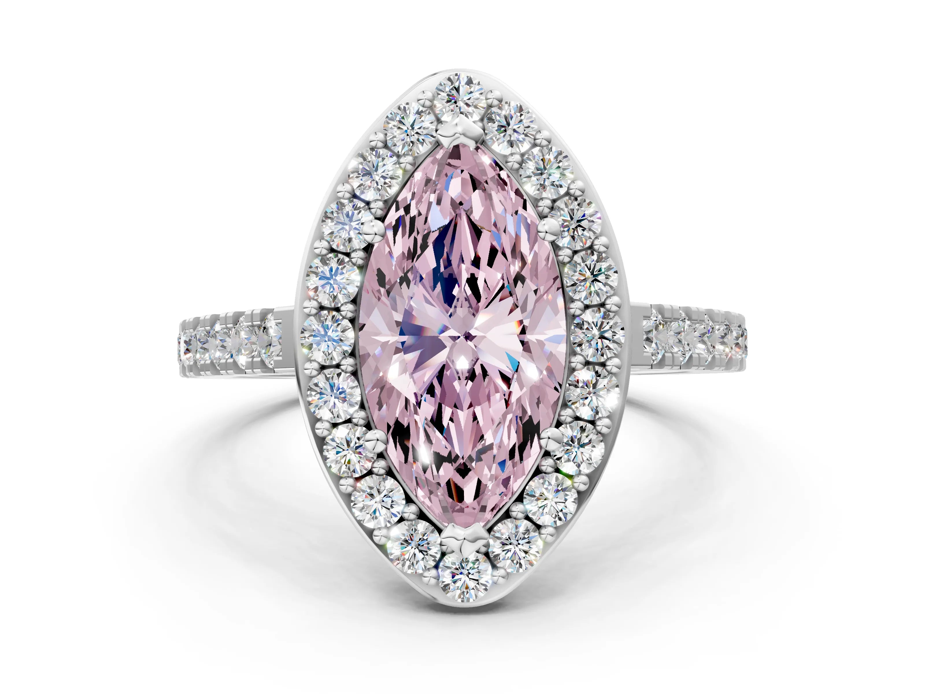 White gold Fancy Pink Marquise Cut Halo Diamond Ring with Pavé Band and Three-Prong Setting