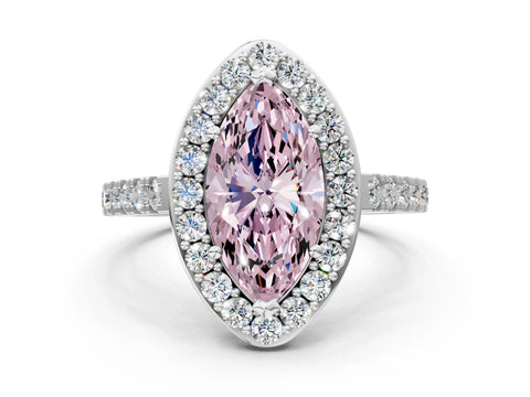 White gold Fancy Pink Marquise Cut Halo Diamond Ring with Pavé Band and Three-Prong Setting