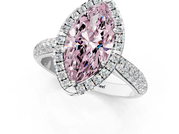 White gold Fancy Pink Marquise Cut Halo Diamond Ring with Pavé Band