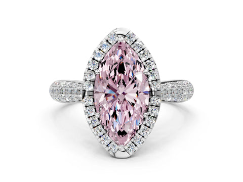 White gold Fancy Pink Marquise Cut Halo Diamond Ring with Pavé Band