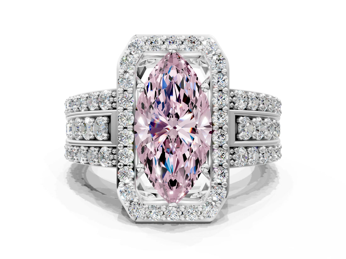 White gold Fancy Pink Marquise Cut Halo Diamond Ring with Round  Split Shank and Prong Setting_136
