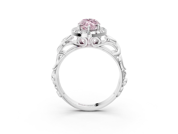 Platinum Fancy Pink Marquise  Cut Halo Diamond Ring with Scrollwork Band and Four-Prong Setting
