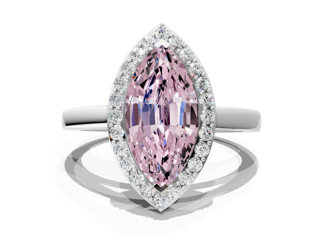 White gold Fancy Pink Marquise Cut Halo Diamond Ring with Solitaire Band and Prong Setting