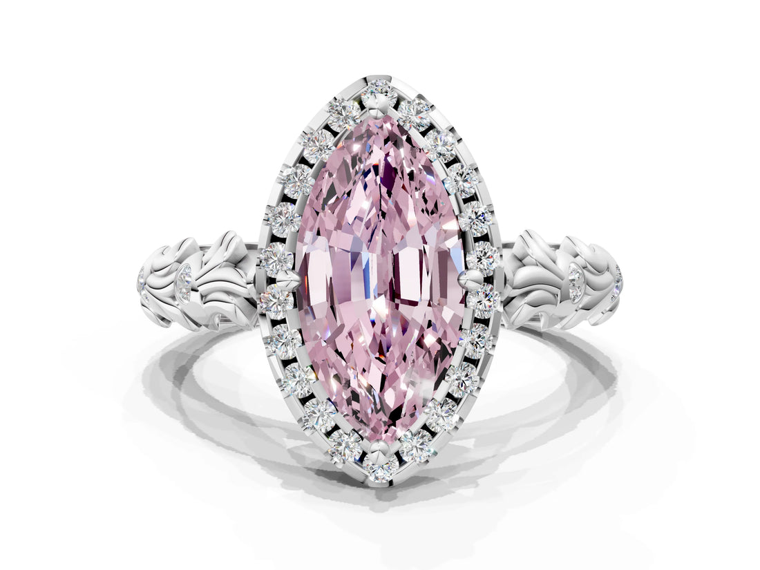 White gold Fancy Pink Marquise Cut Halo Diamond Solitaire with Filigree Band and Four-Prong Setting_12
