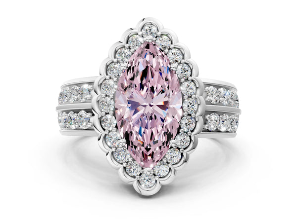 Platinum Fancy Pink Marquise Cut Halo Diamond Split Shank Ring with Scalloped Prong Setting