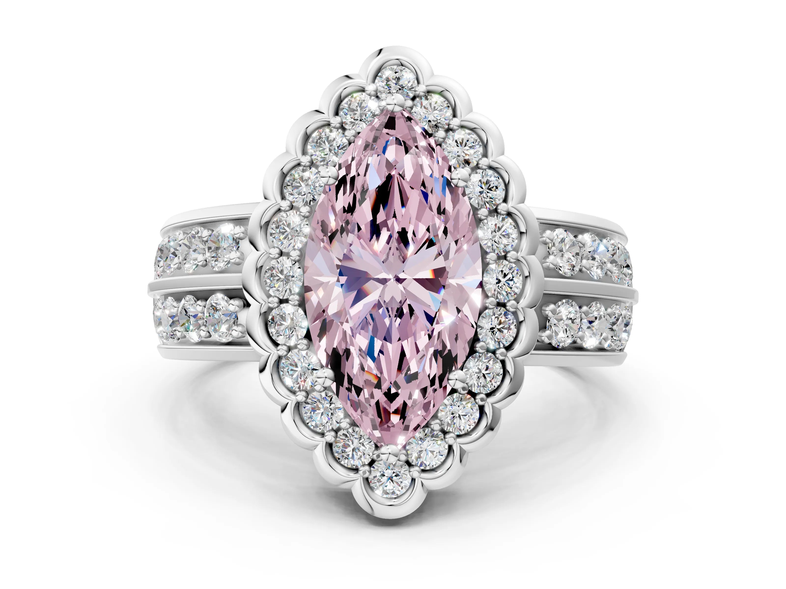 White gold Fancy Pink Marquise Cut Halo Diamond Split Shank Ring with Scalloped Prong Setting_12