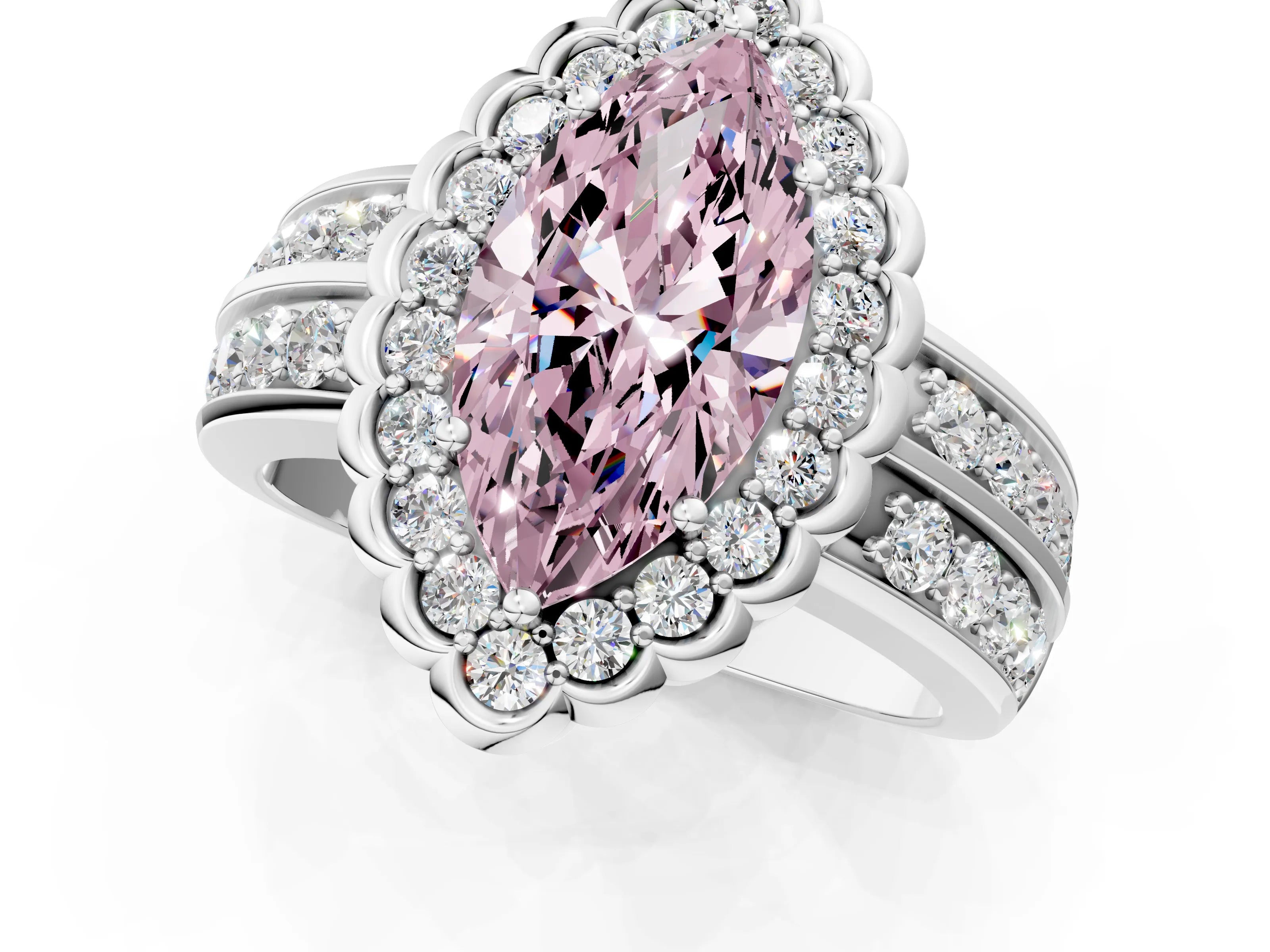 White gold Fancy Pink Marquise Cut Halo Diamond Split Shank Ring with Scalloped Prong Setting_13
