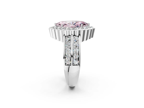 Platinum Fancy Pink Marquise Cut Halo Diamond Split Shank Ring with Scalloped Prong Setting
