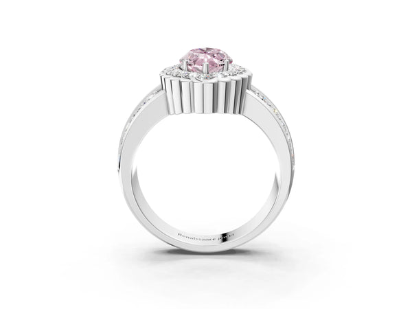 Platinum Fancy Pink Marquise Cut Halo Diamond Split Shank Ring with Scalloped Prong Setting