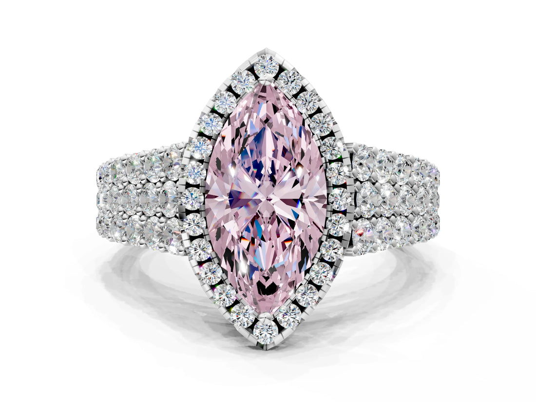 White gold Fancy Pink Marquise Cut Halo Pavé Diamond Engagement Ring with Split Shank and Four-Prong Setting_3