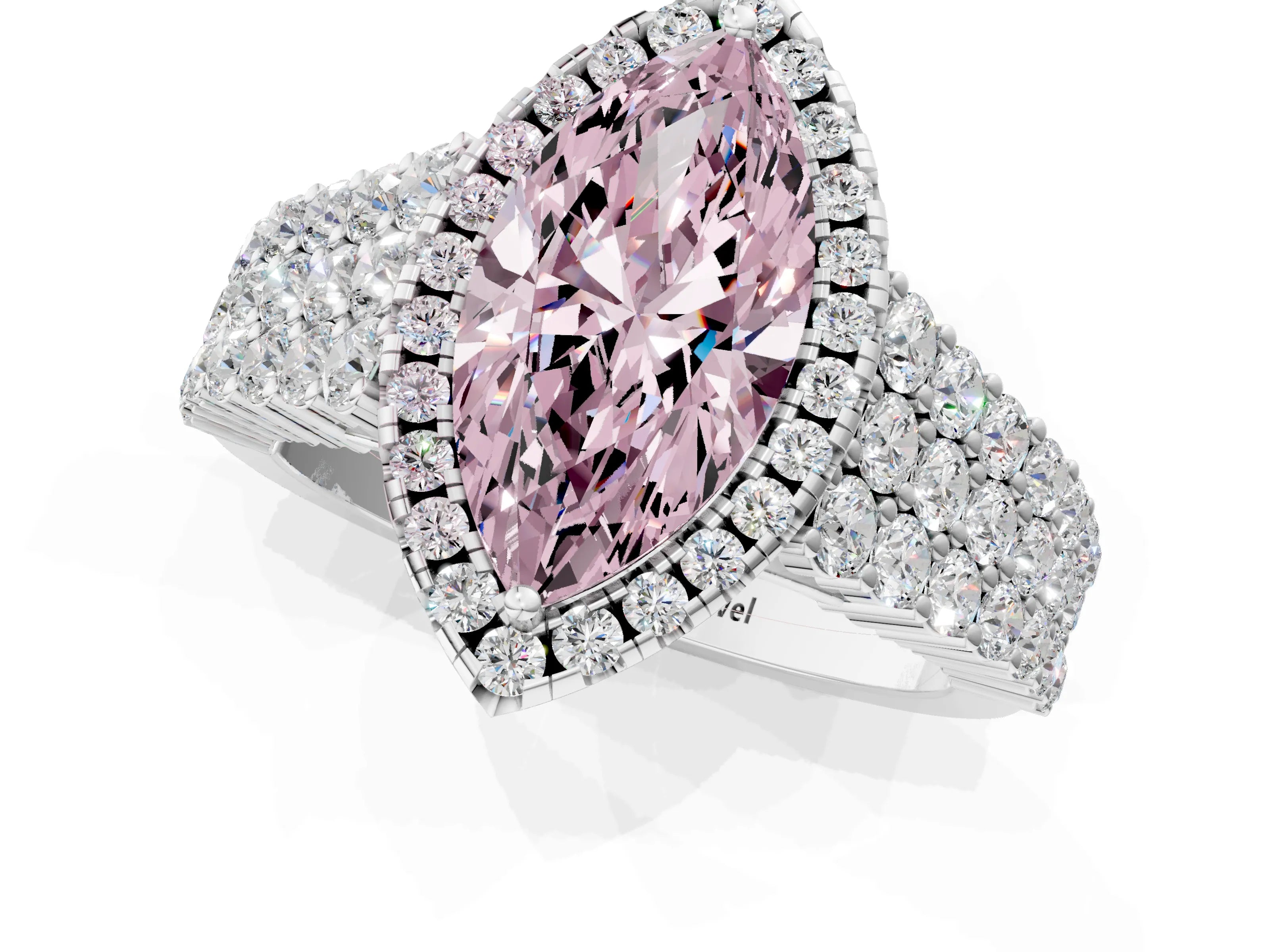 White gold Fancy Pink Marquise Cut Halo Pavé Diamond Engagement Ring with Split Shank and Four-Prong Setting_4