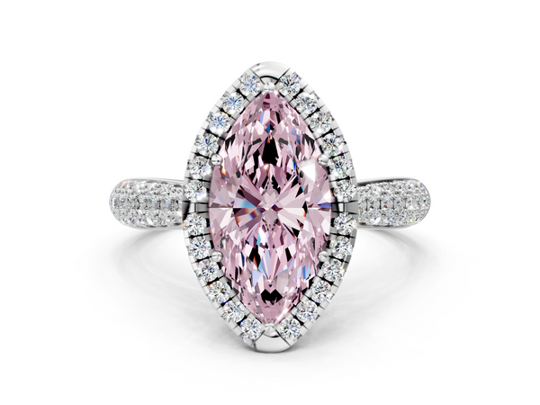Platinum Fancy Pink Marquise  Cut Halo Pave Band Four-Prong Setting Ring