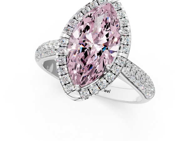 Platinum Fancy Pink Marquise  Cut Halo Pave Band Four-Prong Setting Ring