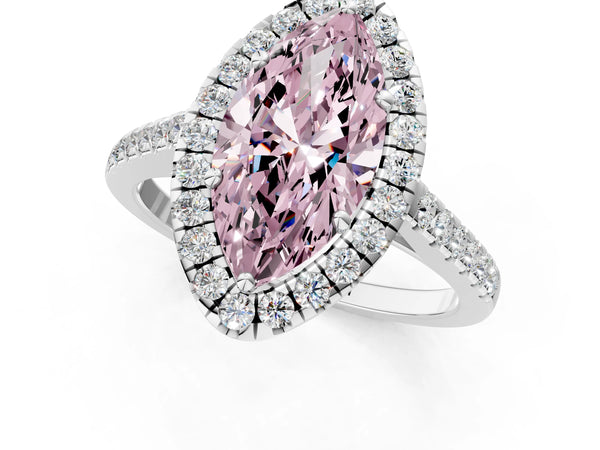 White gold Fancy Pink Marquise Cut Halo Pave Diamond Engagement Ring with Four-Prong Setting