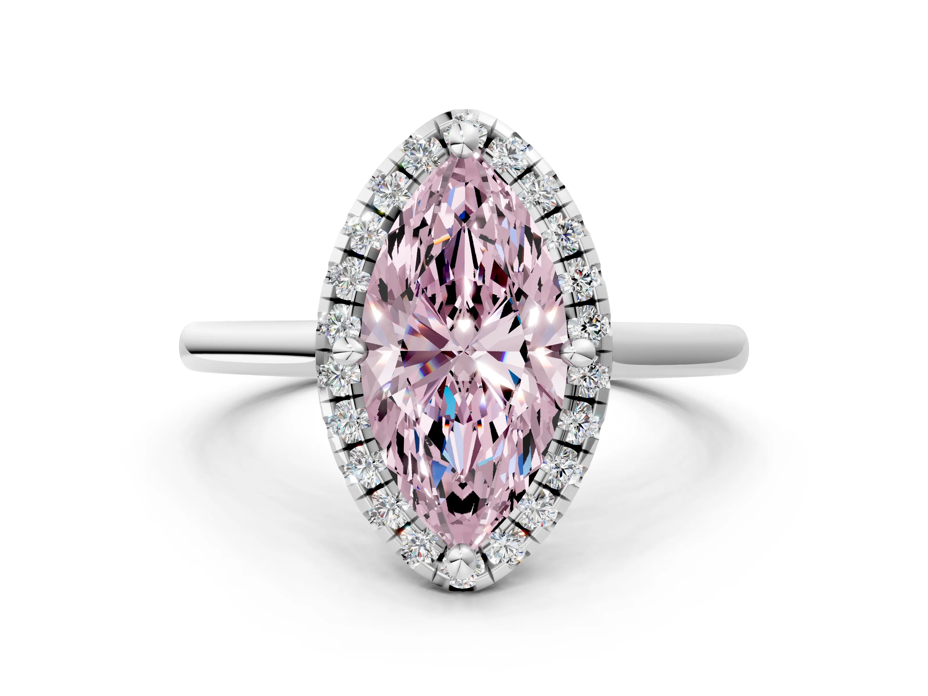 White gold Fancy Pink Marquise Cut Halo Round Diamond Solitaire Engagement Ring with Pave Band and Four-Prong Setting_25