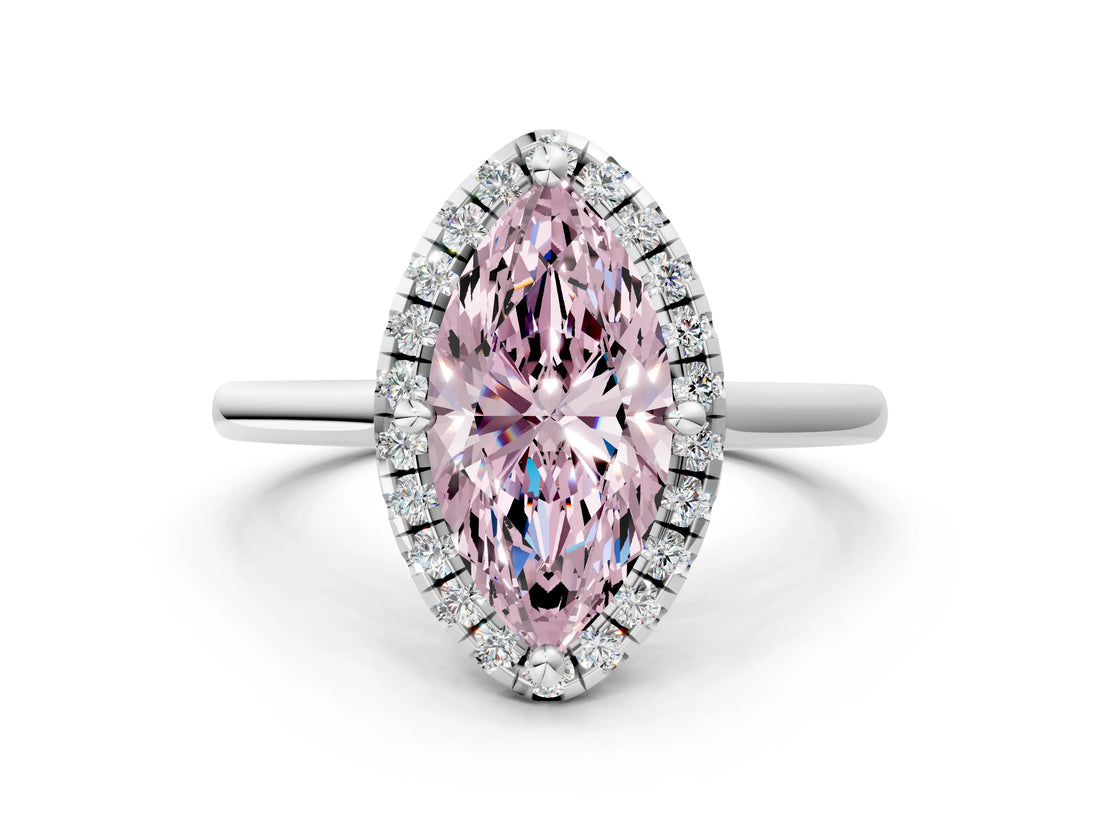 White gold Fancy Pink Marquise Cut Halo Round Diamond Solitaire Engagement Ring with Pave Band and Four-Prong Setting_25