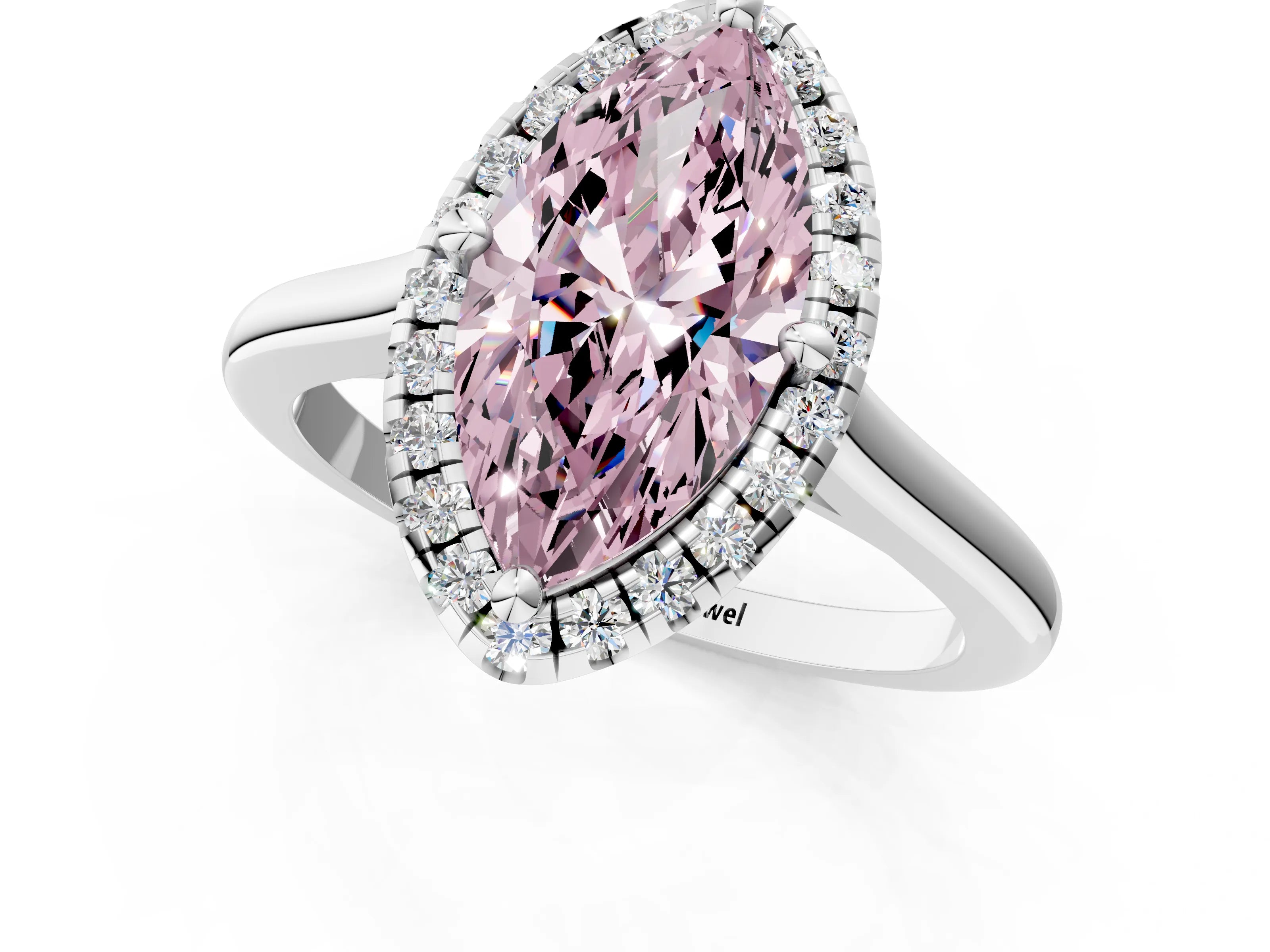 White gold Fancy Pink Marquise Cut Halo Round Diamond Solitaire Engagement Ring with Pave Band and Four-Prong Setting_26