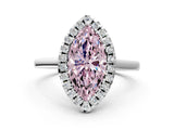 White gold Fancy Pink Marquise Cut Halo Round Diamond Solitaire Ring with Pavé Band and Four-Prong Setting