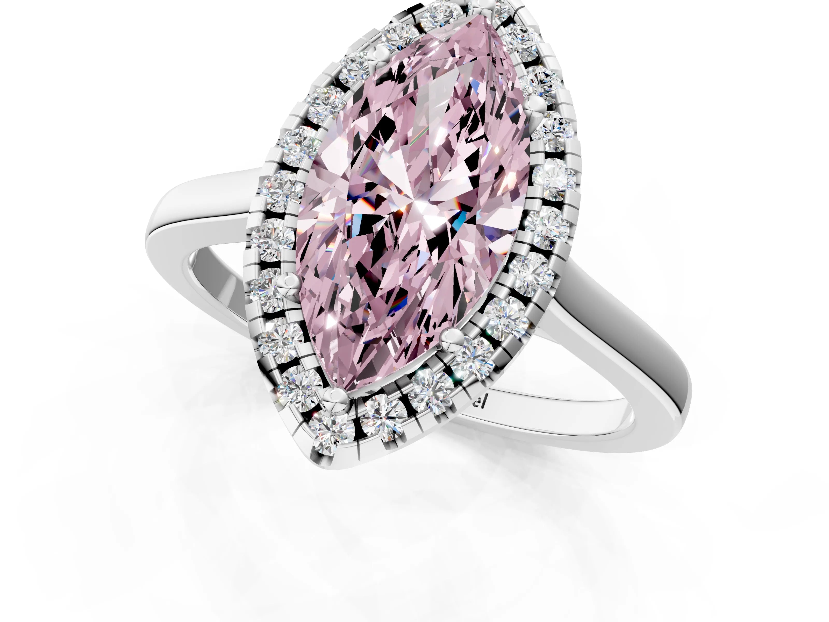 White gold Fancy Pink Marquise Cut Halo Round Diamond Solitaire Ring with Pavé Band and Four-Prong Setting_1