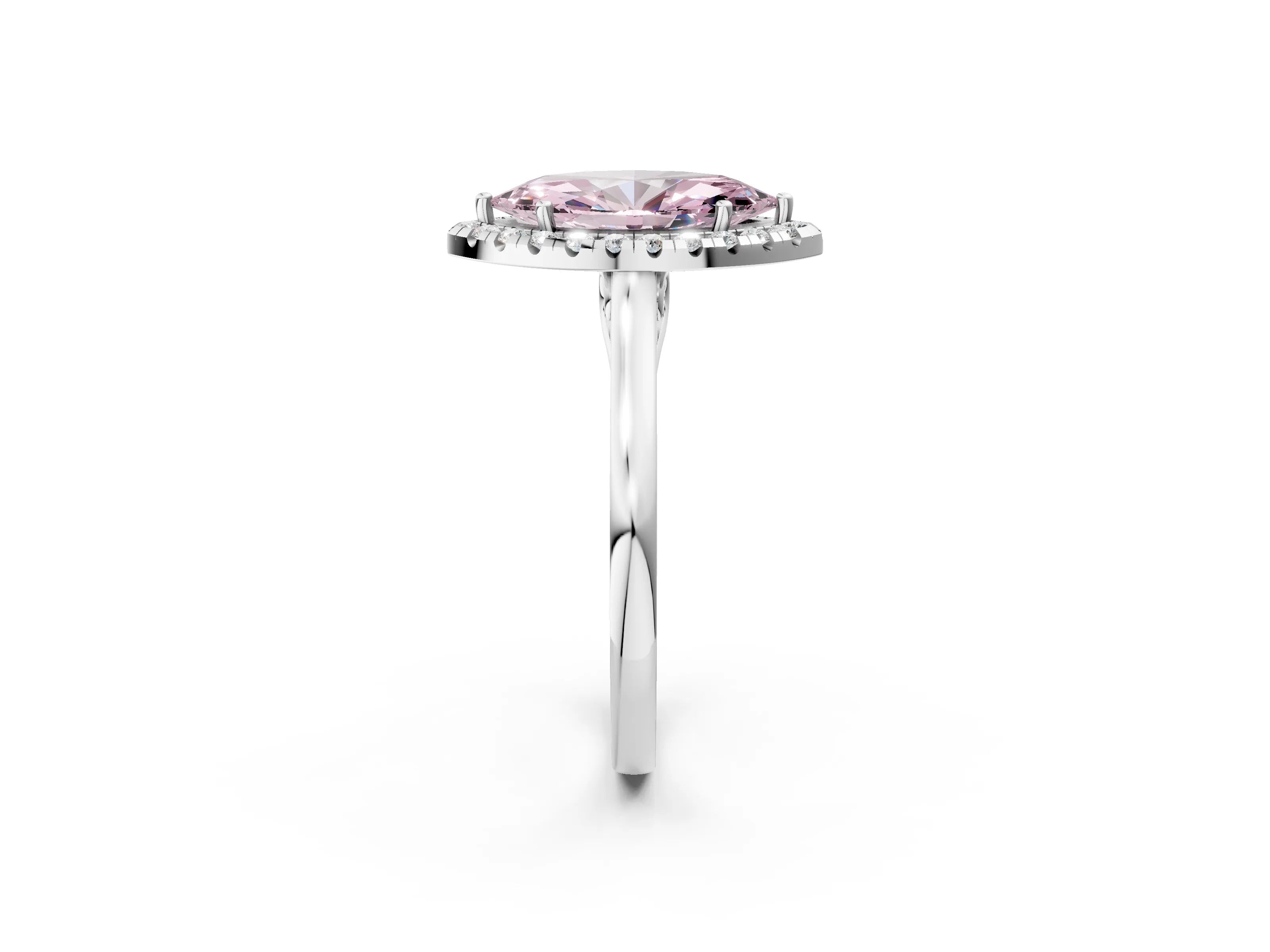 White gold Fancy Pink Marquise Cut Halo Round Diamond Solitaire Ring with Pavé Band and Four-Prong Setting_2