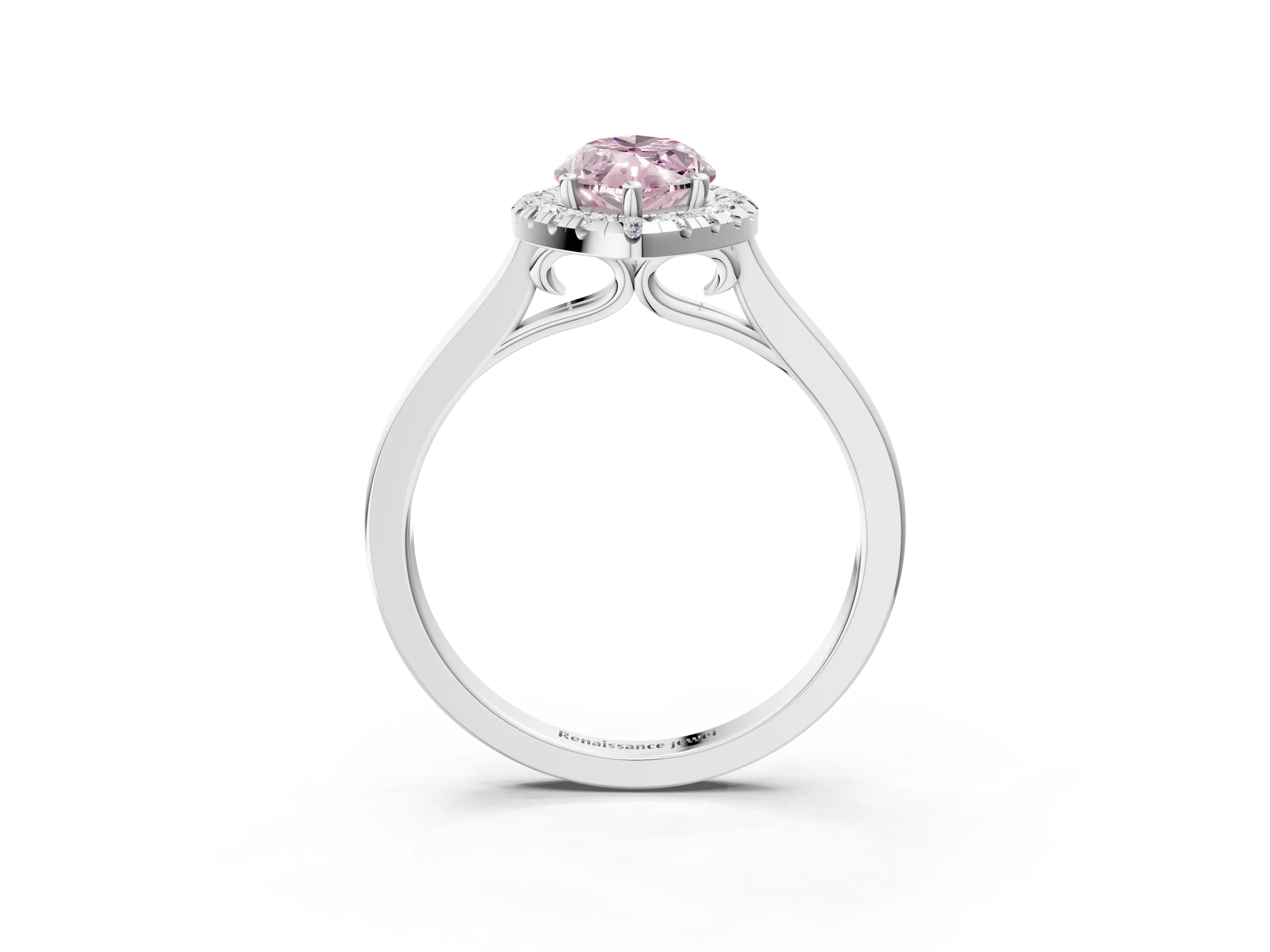 White gold Fancy Pink Marquise Cut Halo Round Diamond Solitaire Ring with Pavé Band and Four-Prong Setting_3