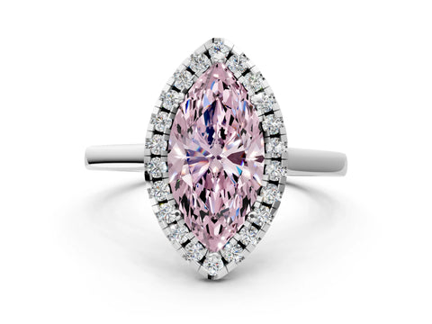 White gold Fancy Pink Marquise Cut Halo Round Diamond Solitaire Ring with Pavé Band and Four-Prong Setting