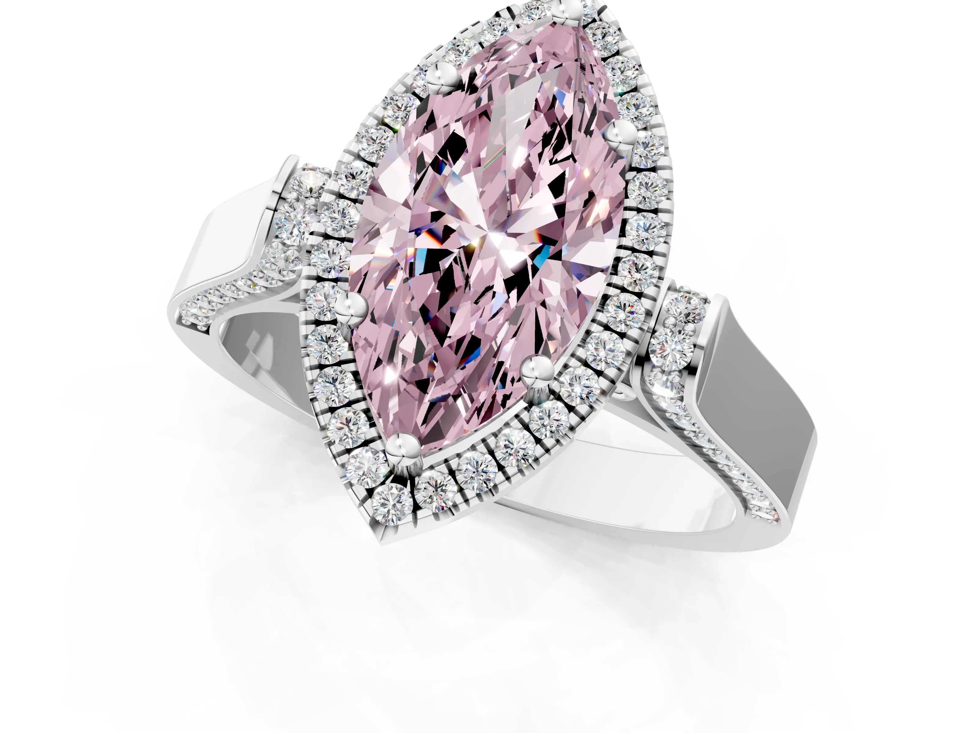 White gold Fancy Pink Marquise Cut Halo Round Diamond Twist Band with Four-Prong Setting_25