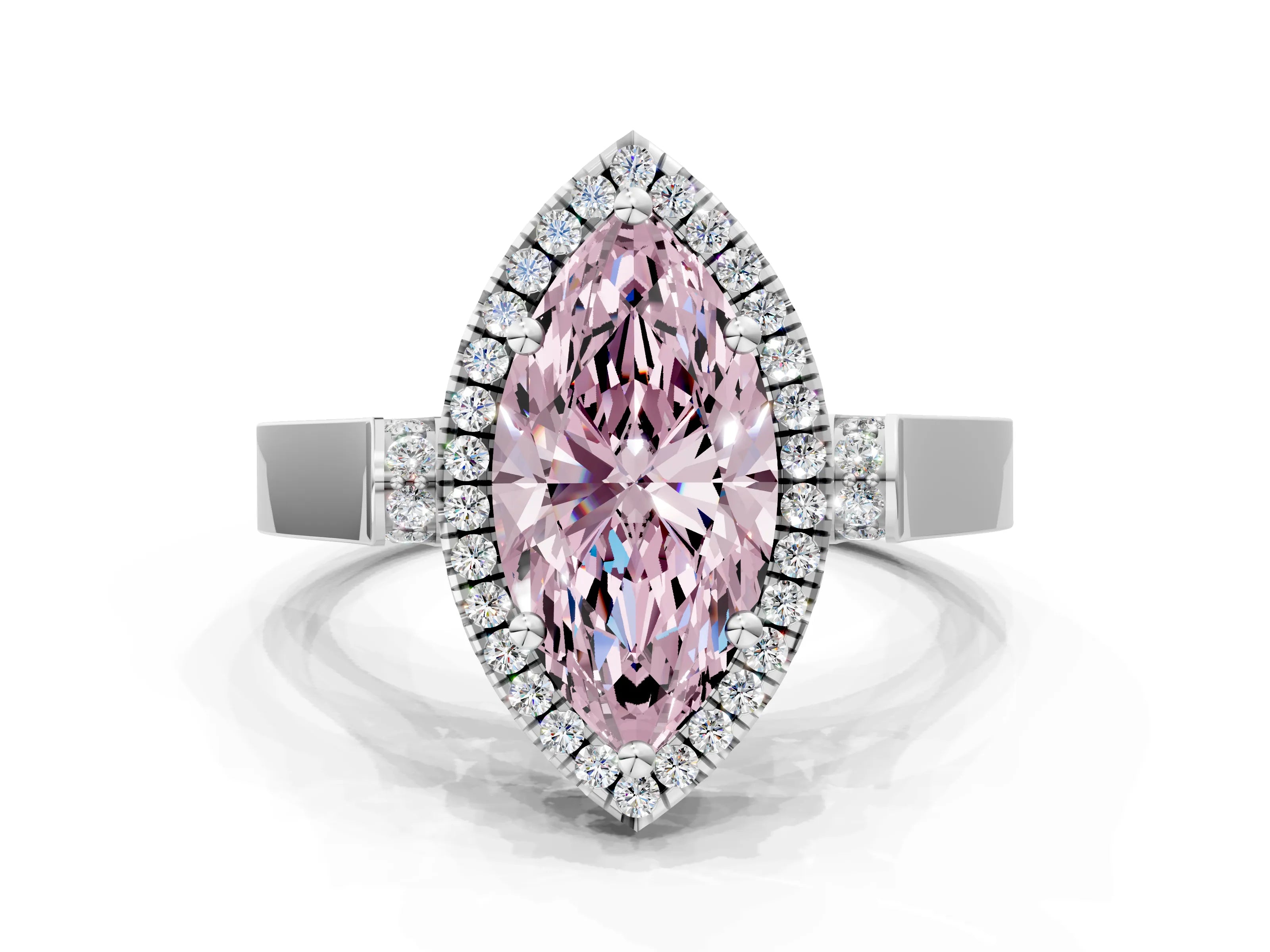 White gold Fancy Pink Marquise Cut Halo Round Diamond Twist Band with Four-Prong Setting
