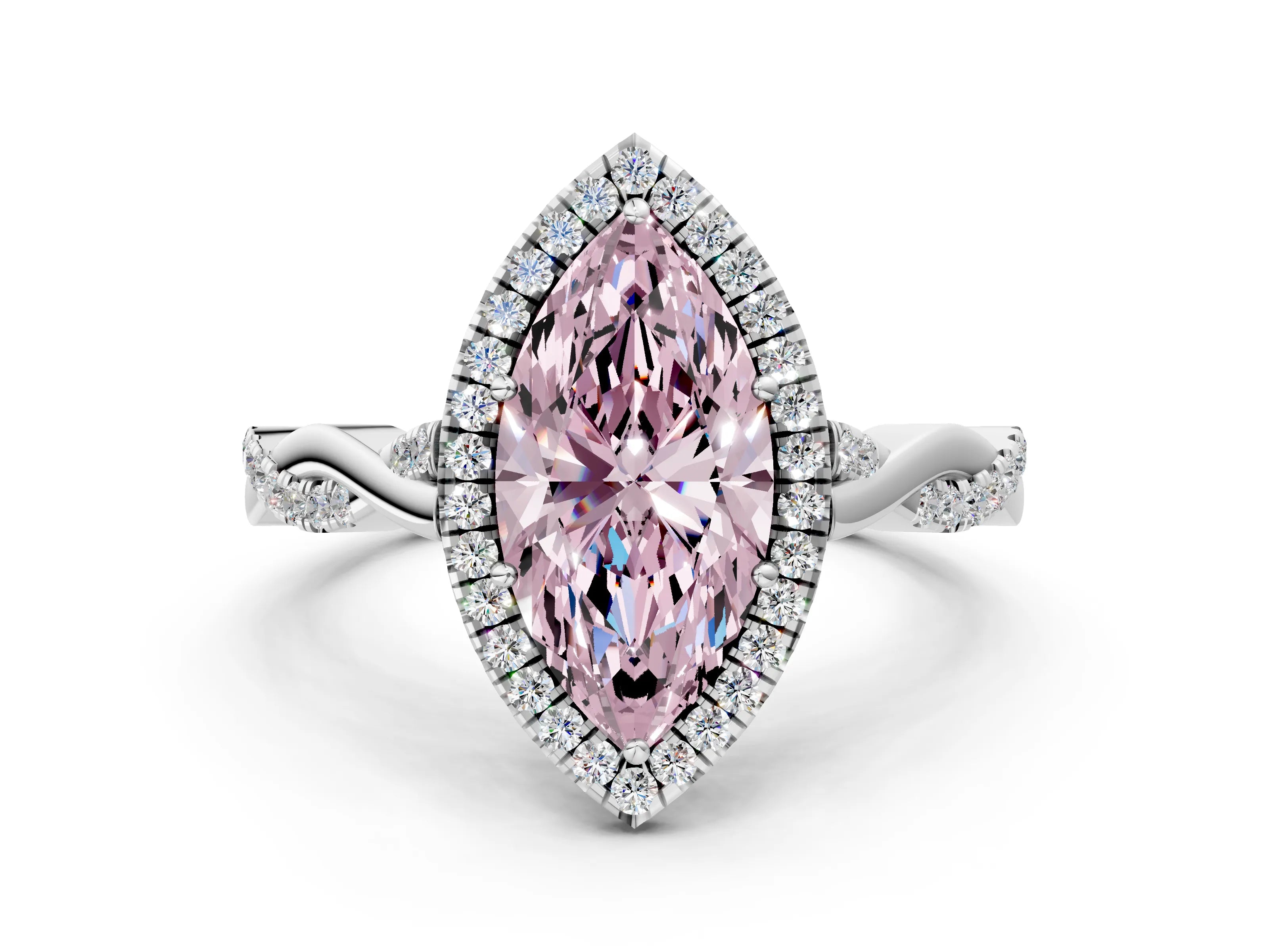 White gold Fancy Pink Marquise Cut Halo Twist Band with Four-Prong Setting