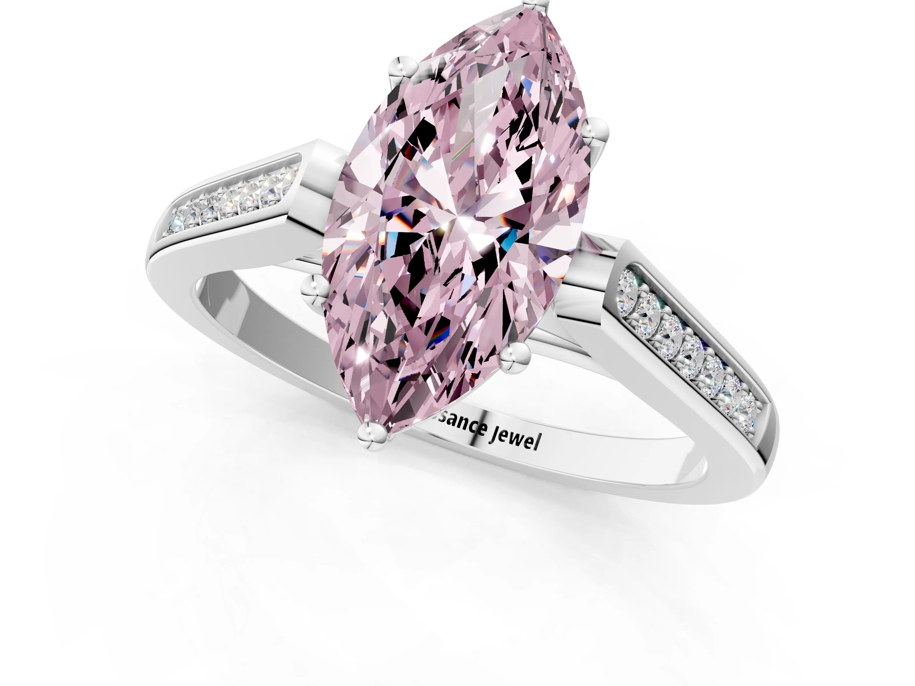 White gold Fancy Pink Marquise Cut Solitaire Cathedral Diamond Engagement Ring with Channel-Set Band and Four-Prong Setting_16