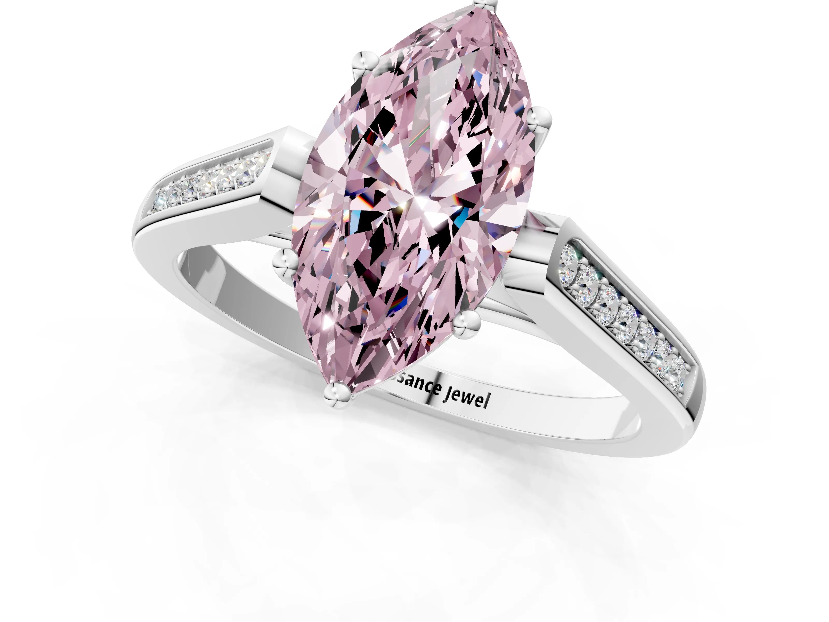 White gold Fancy Pink Marquise Cut Solitaire Cathedral Diamond Engagement Ring with Channel-Set Band and Four-Prong Setting_4