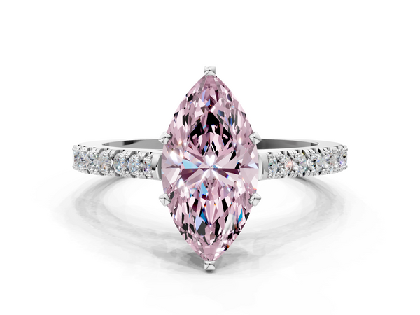 White gold Fancy Pink Marquise  Cut Solitaire Diamond Engagement Ring with Pave Band and Four-Prong Setting