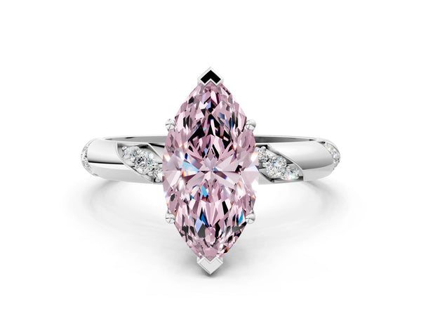Platinum Fancy Pink Marquise Cut Solitaire Diamond Engagement Ring with Twisted Pave Band and Four-Prong Setting